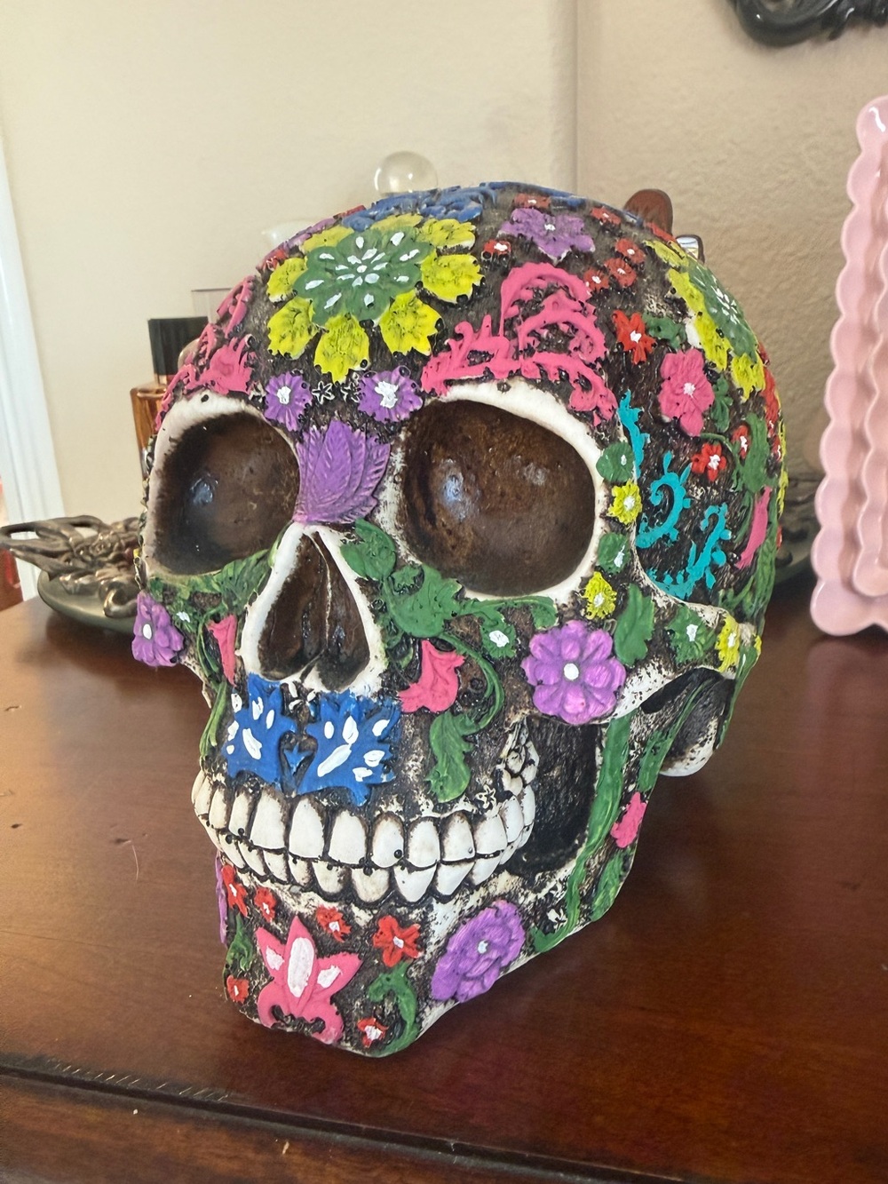 Hand-Painted Sugar Skull Decor - Colorful Floral Design
